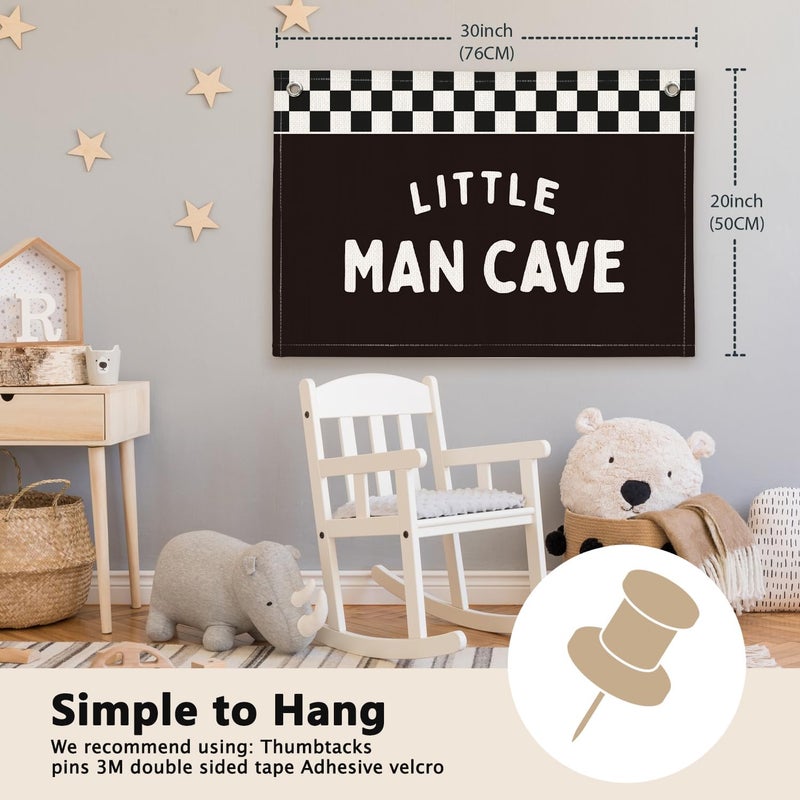 ETVISO Little Man Cave Black and White Checkered Boys Room Decor - Linen Banner Wall Hanging Canvas Banner Flag Decor for Nursery Toddler Boys Bedroom Playroom - Image 2